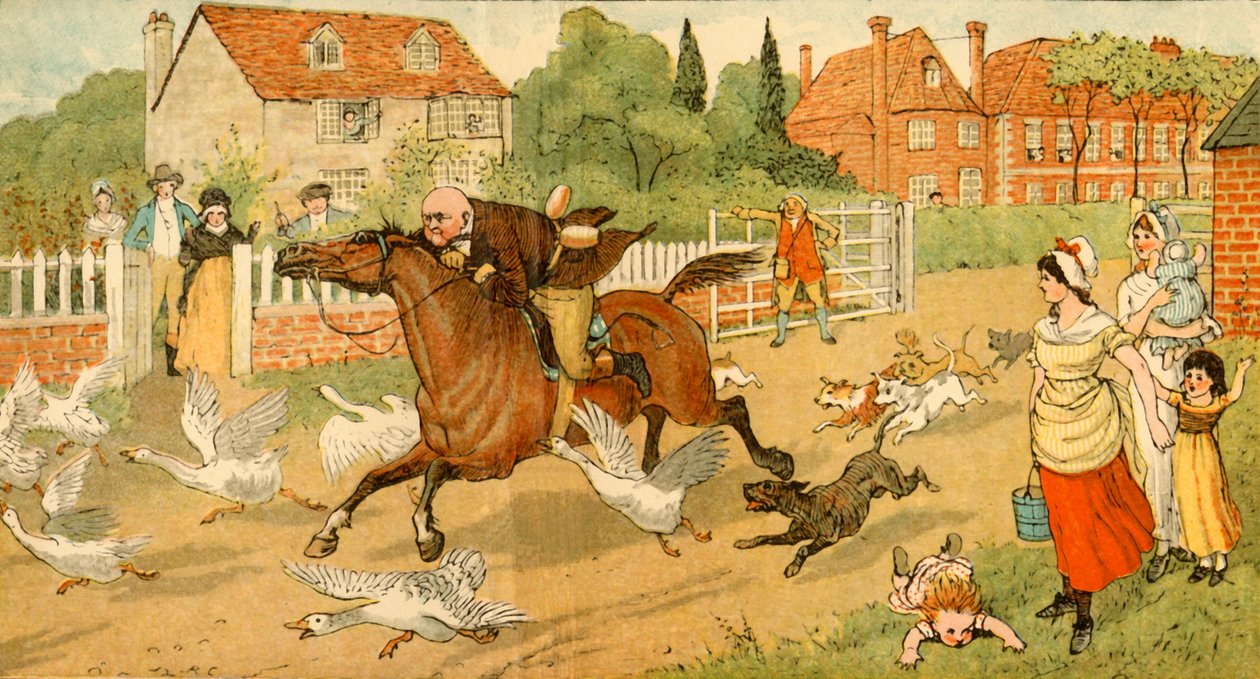 John Gilpin galoppa attraverso un villaggio, 1878, c1918 da Randolph Caldecott