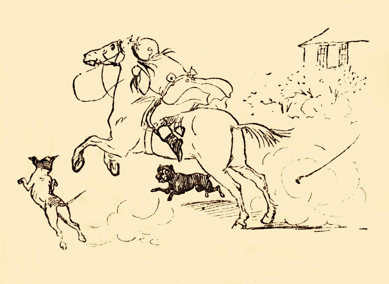 John Gilpin è inseguito dai cani mentre il suo cavallo galoppa fuori controllo, 1878, c1918 da Randolph Caldecott