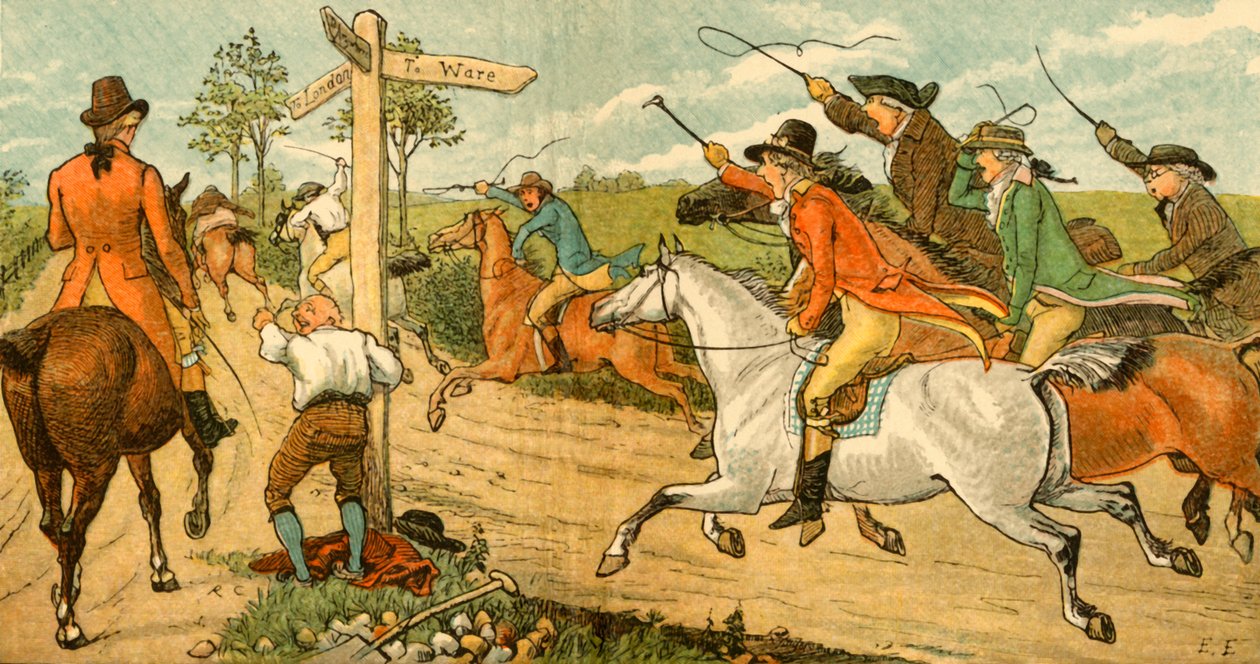 John Gilpin sul suo cavallo imbizzarrito inseguito dai passanti, 1878, c1918 da Randolph Caldecott