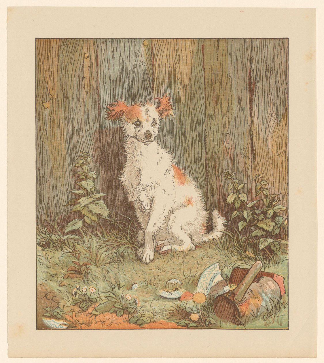 Piccolo cane seduto presso una recinzione da Randolph Caldecott