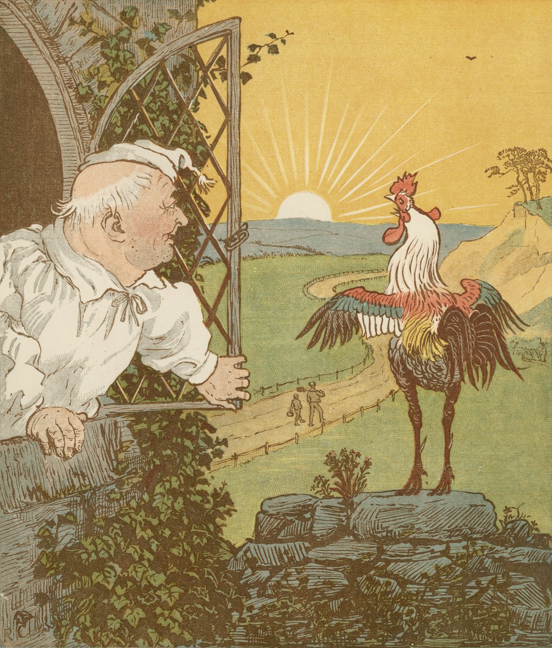 La Casa che Jack Costruì, filastrocca cumulativa. Questo è il Gallo che cantò al mattino... Illustrazione di Randolph Caldecott da Randolph Caldecott