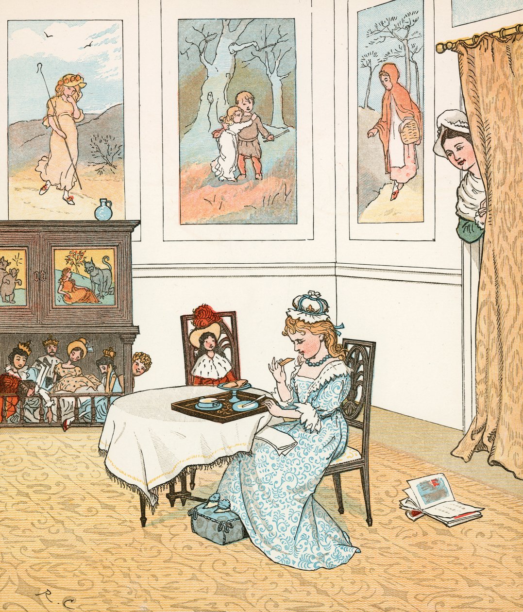 La regina in salotto mangia pane e miele (litografia a colori) da Randolph Caldecott