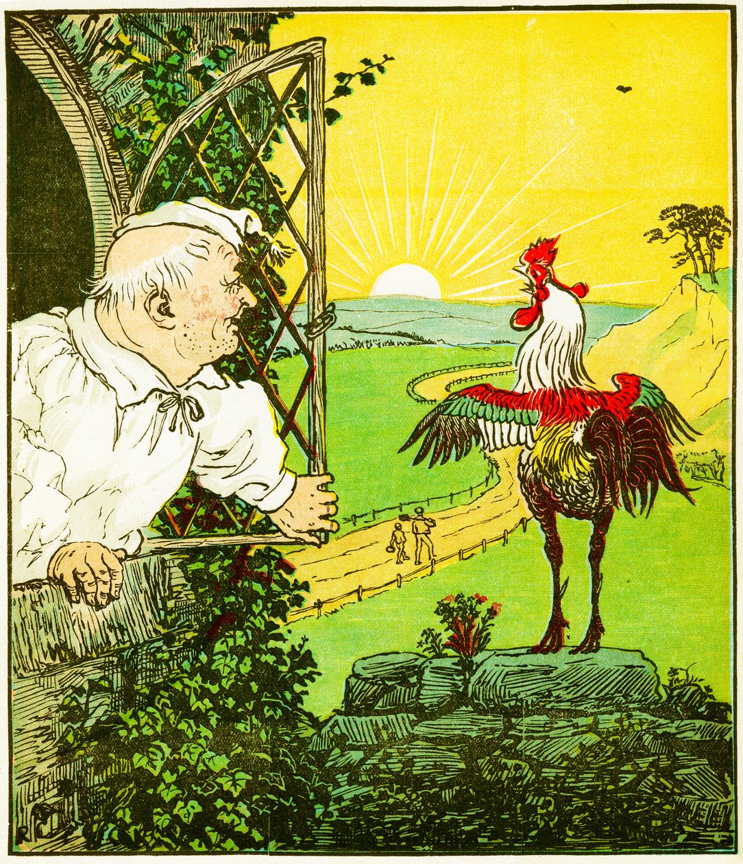 "Questo è il gallo che cantò al mattino, che svegliò il giudice tutto rasato", illustrazione da La casa che Jack costruì da Randolph Caldecott