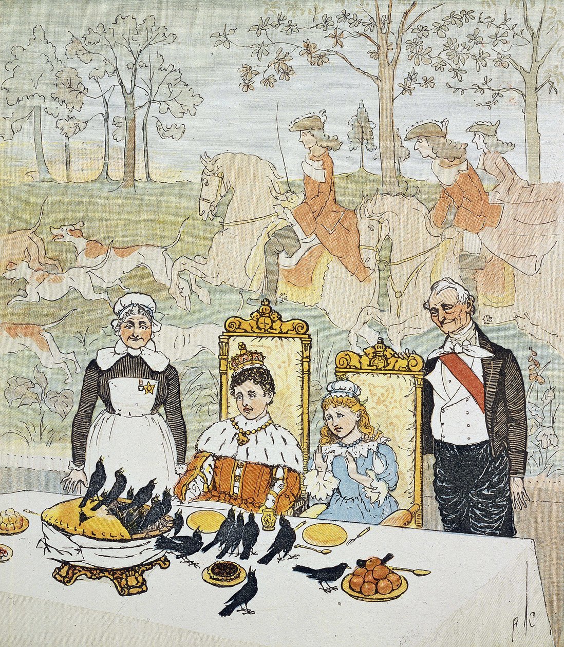 Un re e una regina seduti a tavola circondati da domestici, dietro di loro una scena di caccia. Tavola 14 tratta da "The Picture Book" di Randolph Caldecott (1846-1886). 1879. The British Library Institution Reference: Shelfmark ID: 12805.s.17 da Randolph Caldecott