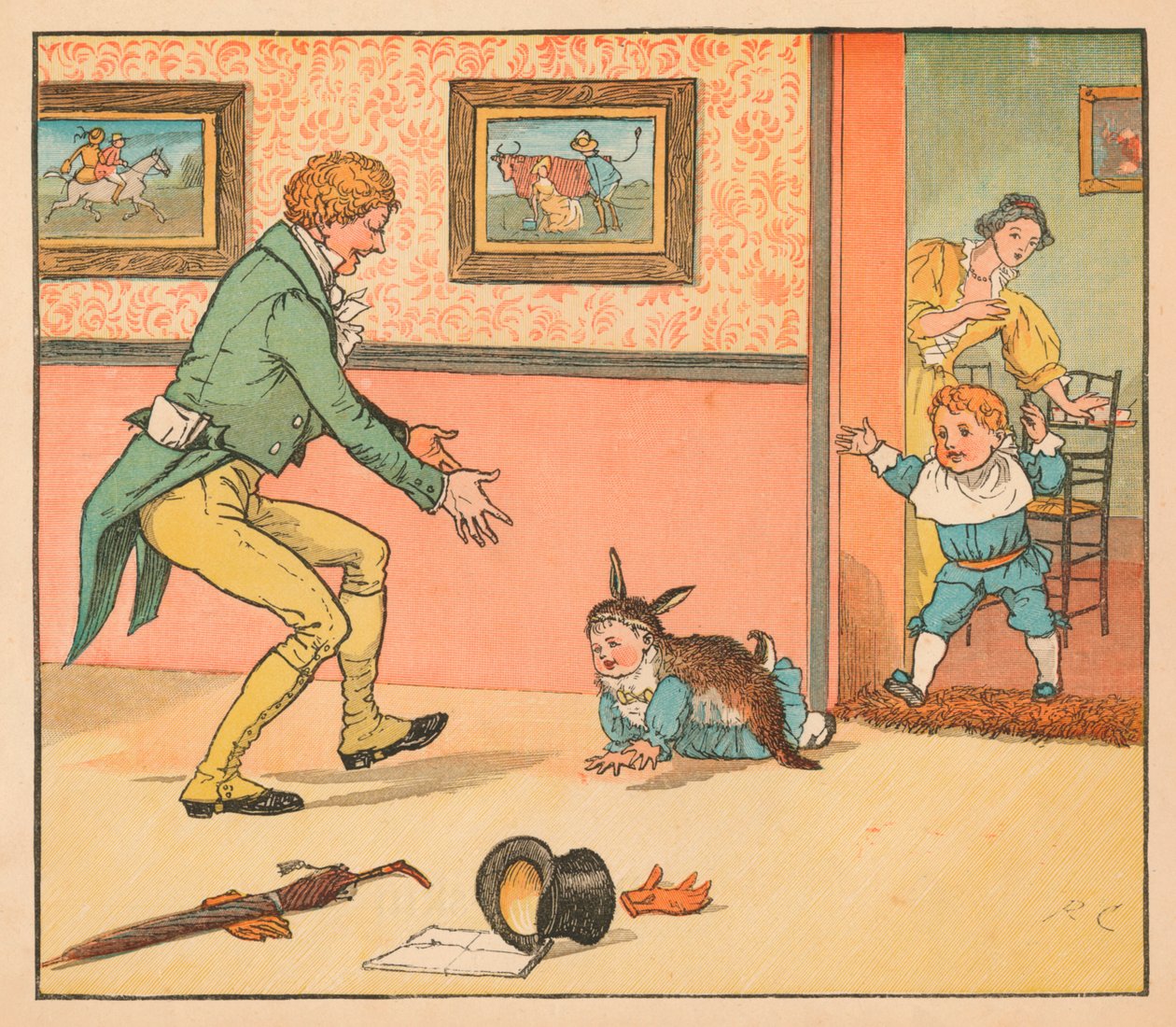 ...una pelle di coniglio per avvolgere il piccolo Bunting, c1880 da Randolph Caldecott