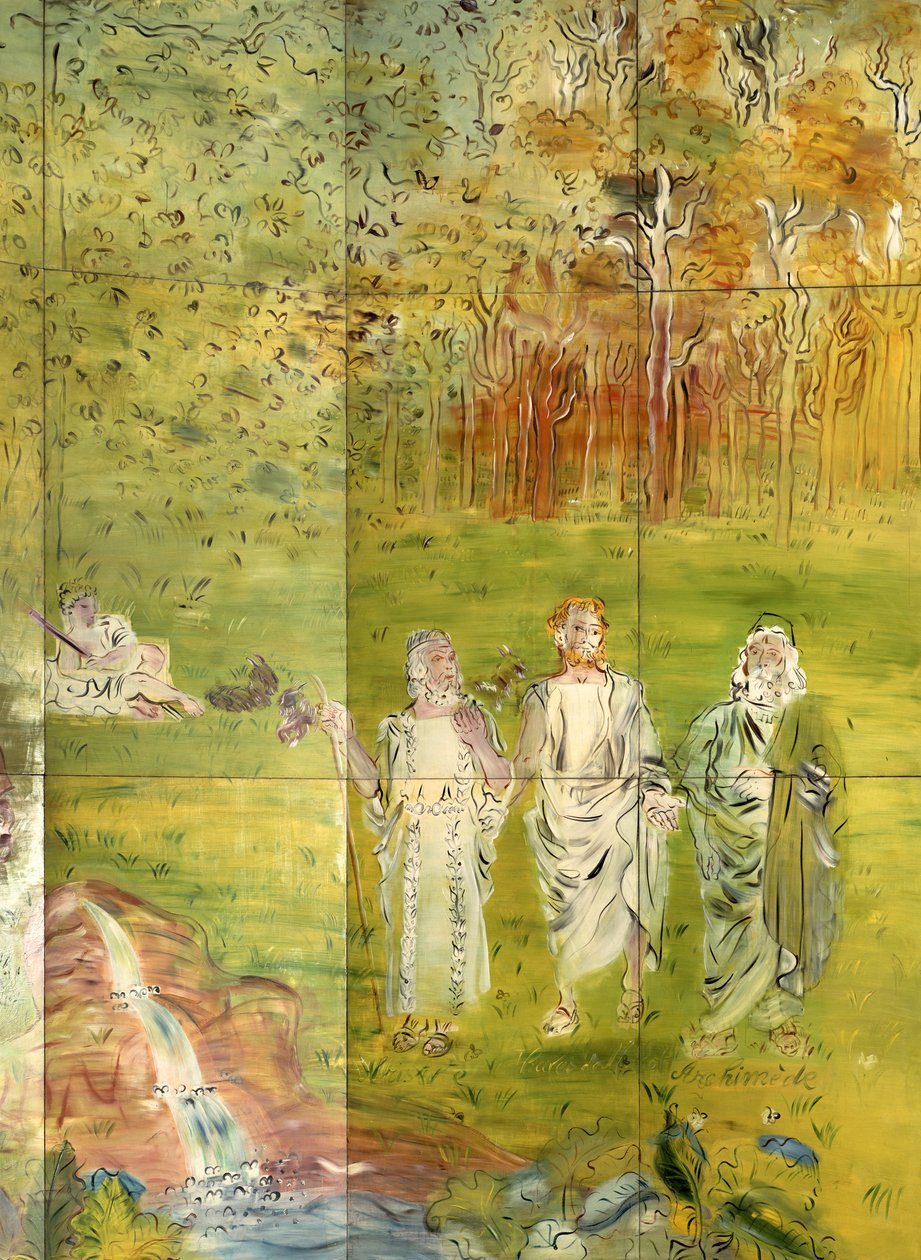 Archimede (287-212 a.C.), Talete (625-547 a.C.) e Aristotele (384-322 a.C.) da "La Fee Electricite". da Raoul Dufy