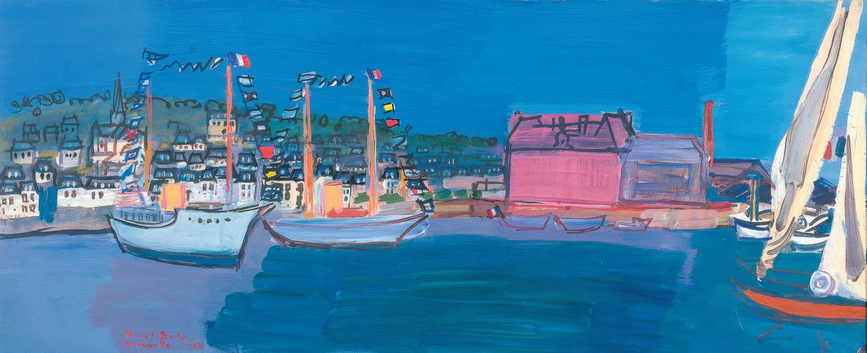 Barche mare piccole bandiere case piccolo porto dock vele da Raoul Dufy