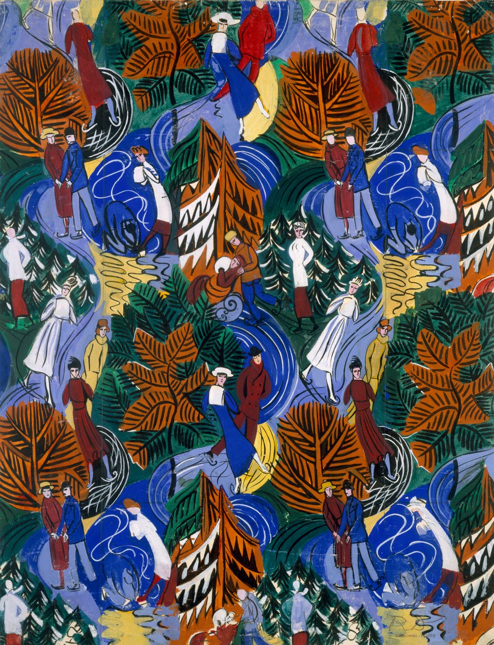 Pattinatori su ghiaccio, disegno per seta stampata, 1914-20 circa (litografia a colori) da Raoul Dufy