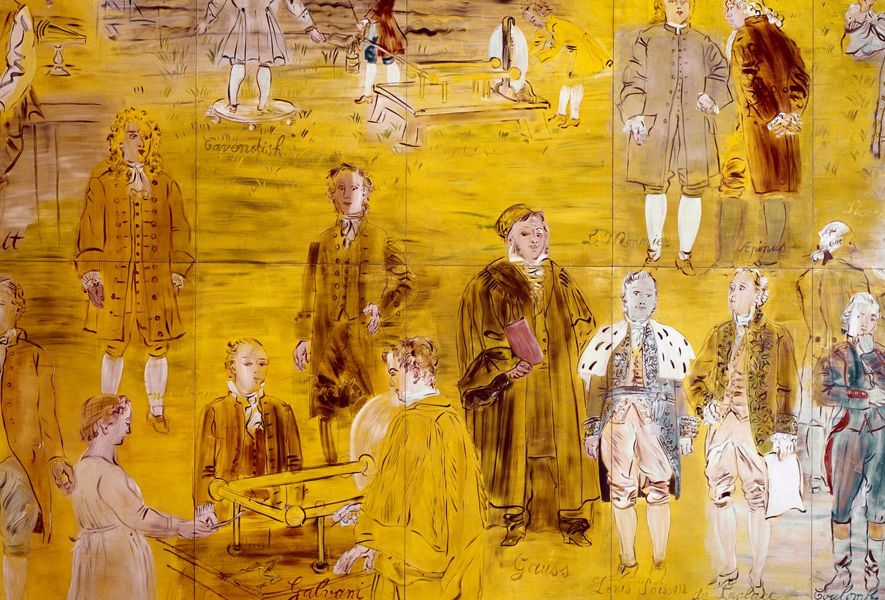 La Fee Electricite, dettaglio: Ritratti di diversi scienziati: Henry Cavendish, Le Monnier, Franz Aepinus, Denis Papin, Joseph Priestley, Luigi Galvani, Carl Friedrich Gauss, Simeon-Denis Poisson, Pierre Simon de Laplace e Charles de Coulomb. 1937 (vernice da Raoul Dufy