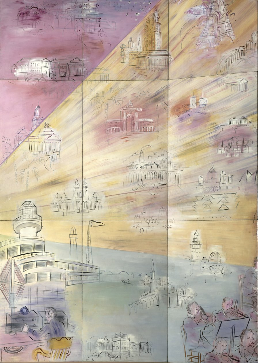 La Fee Electricite, particolare del lato sinistro raffigurante diverse città da Raoul Dufy