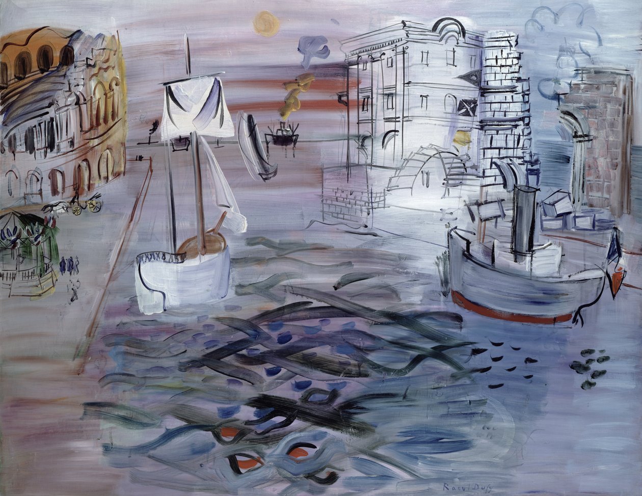 Porto con barca a vela, omaggio a Claude Lorrain, 1935 circa (olio su tela) da Raoul Dufy