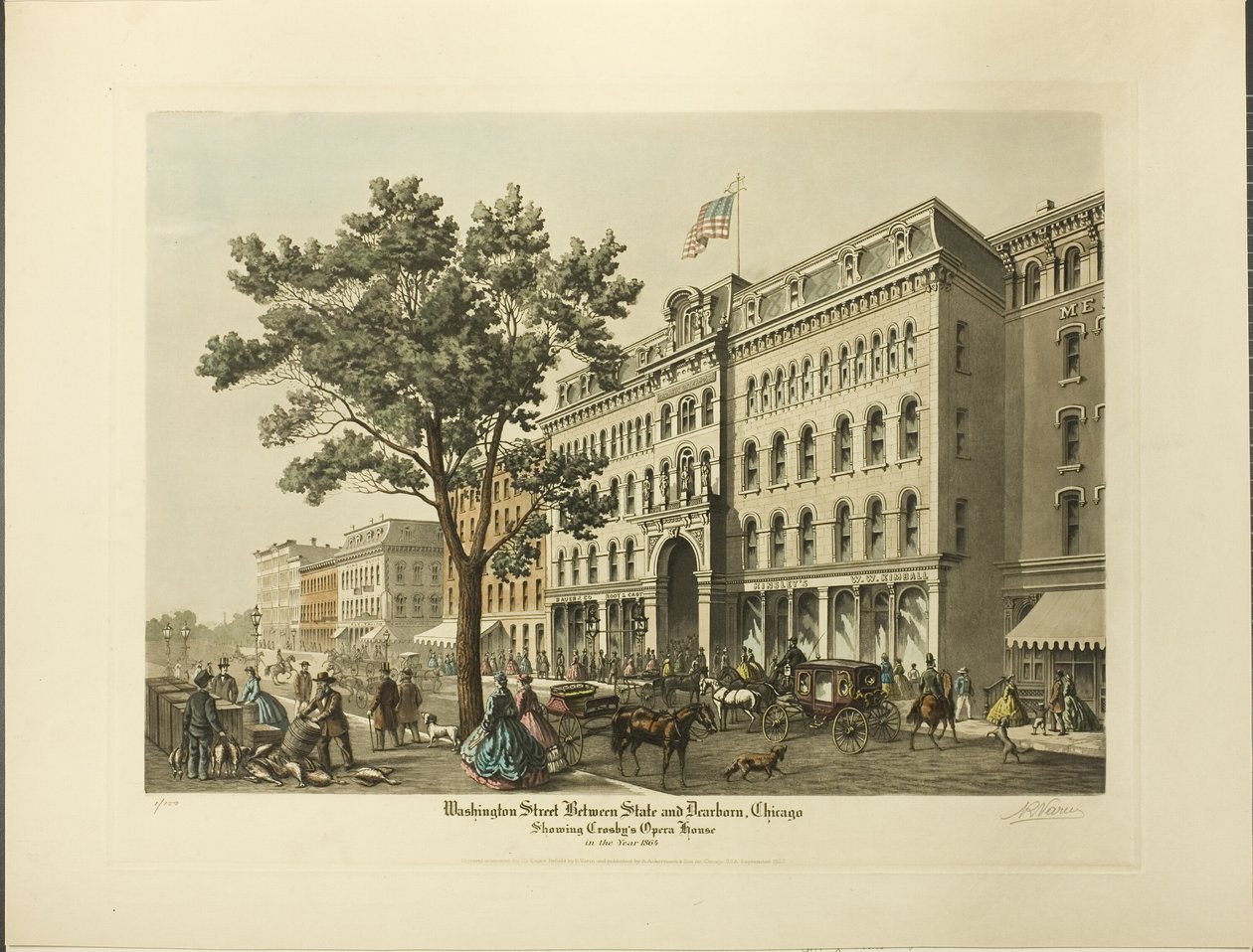 Washington Street tra State e Dearborn, Chicago, con il teatro dell