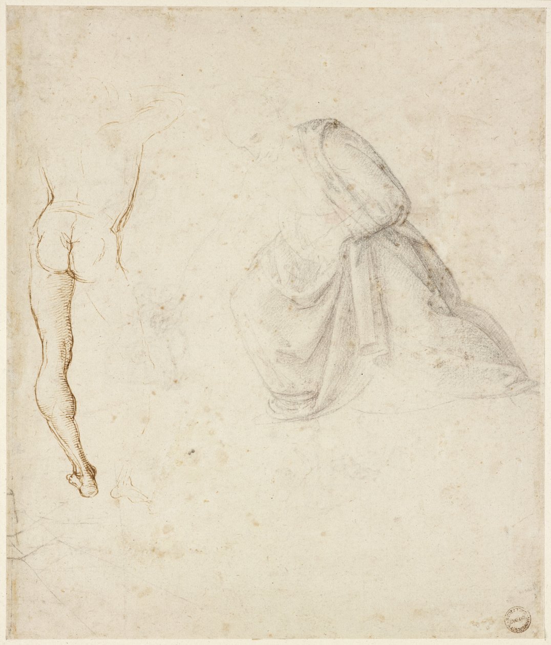Vista posteriore di un uomo in piedi, dopo Signorelli; il drappeggio di una figura inginocchiata (recto), WA1846.145 da Raffaello Sanzio Raphael