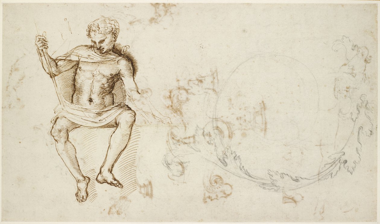 Recto: Studi di un uomo seduto e di foglie di acanto, WA1846.147 da Raffaello Sanzio Raphael