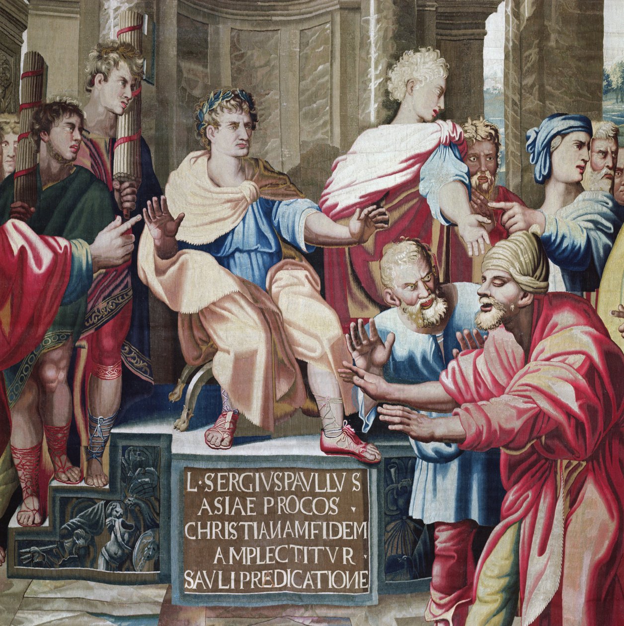 Arazzo raffigurante gli Atti degli Apostoli, la cecità di Elimas (dettaglio) Elimas il Mago colpito dalla cecità e il proconsole Sergio Paolo, tessuto presso il Laboratorio di Beauvais sotto la direzione di Philippe Behagle da Raffaello Sanzio Raphael