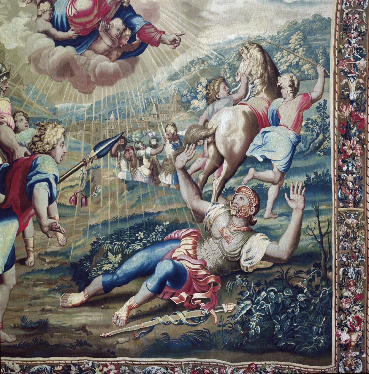 Arazzo raffigurante gli Atti degli Apostoli, la conversione di San Paolo (dettaglio) San Paolo disteso a terra, braccia alzate al cielo, tessuto presso il Laboratorio di Beauvais sotto la direzione di Philippe Behagle 1641-1705 da Raffaello Sanzio Raphael