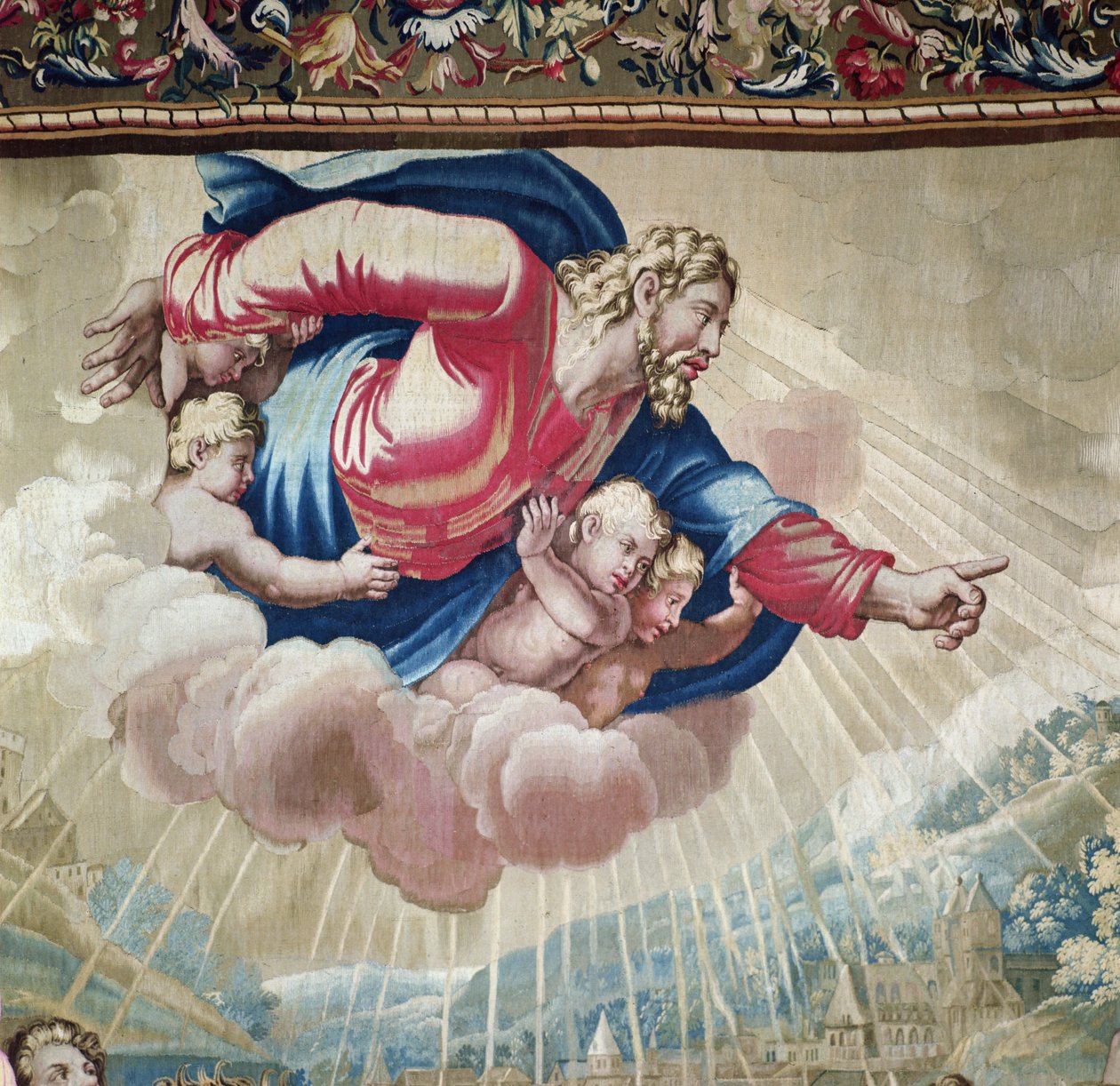 Arazzo raffigurante gli Atti degli Apostoli, la conversione di San Paolo (dettaglio) apparizione di Cristo su una nuvola circondato da angeli, tessuto presso il Laboratorio di Beauvais sotto la direzione di Philippe Behagle 1641-1705 da Raffaello Sanzio Raphael