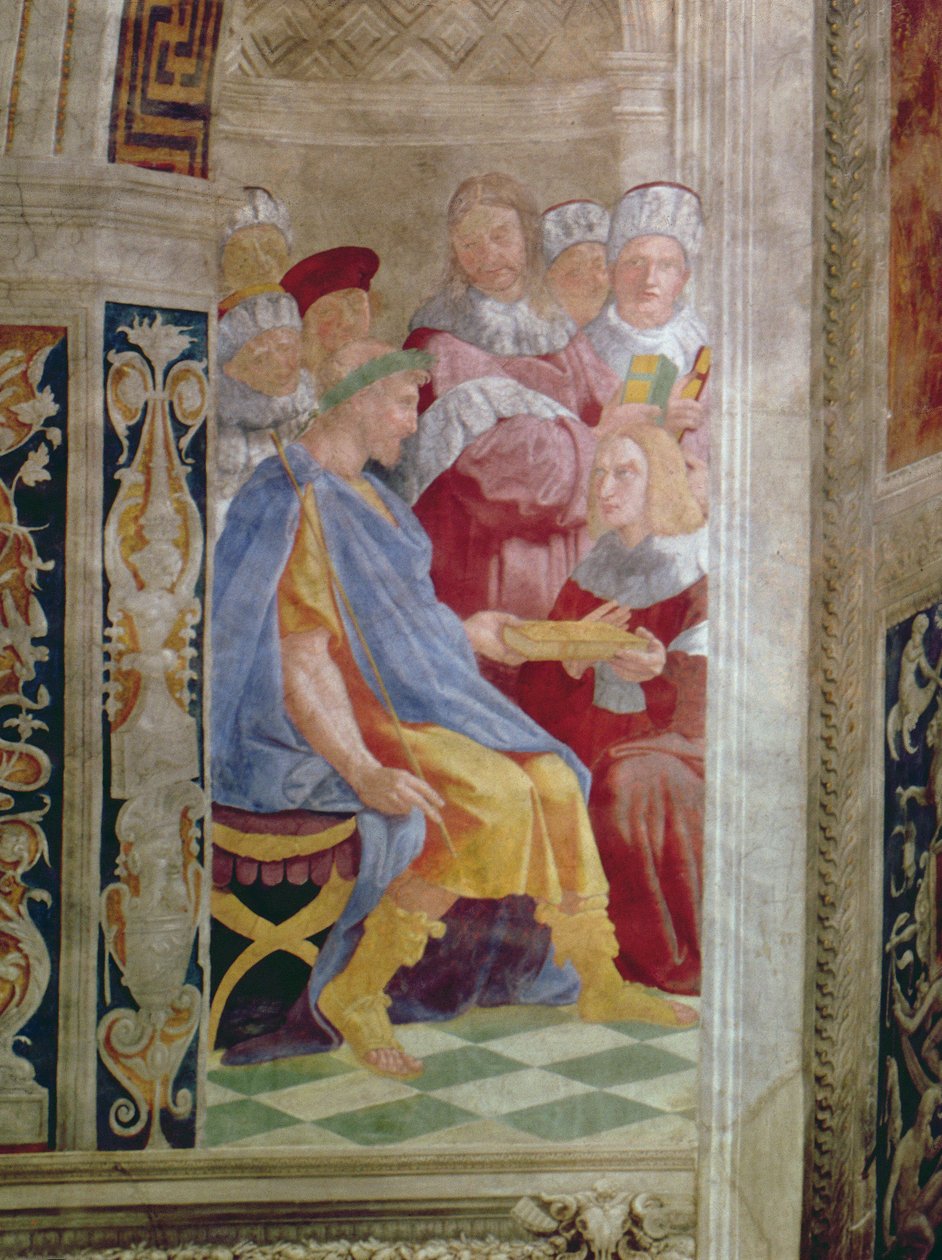 Le Virtù Giudiziarie: Papa Gregorio IX approva i Decretali Vaticani; Giustiniano consegna i Pandetti a Treboniano (dettaglio) da Raffaello Sanzio Raphael