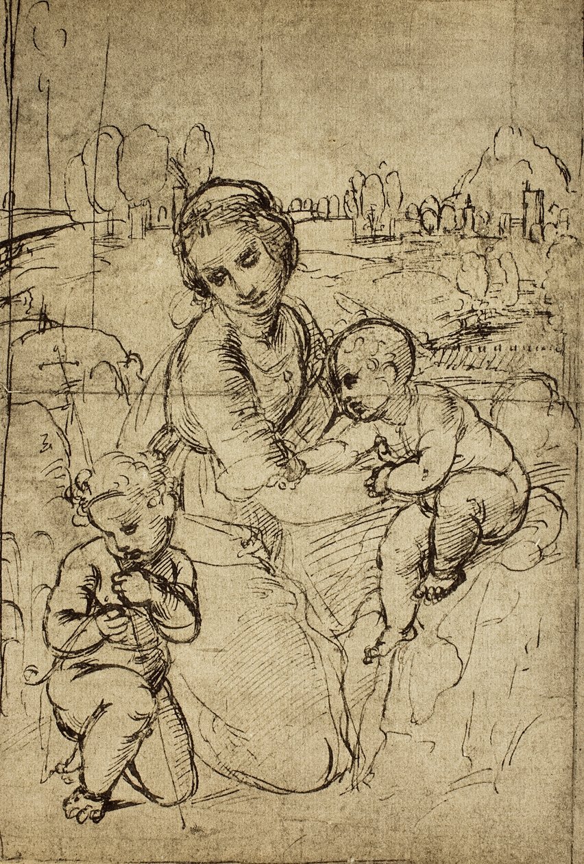 Madonna e Bambino e San Giovanni (bambino), disegno di Raffaello. Gabinetto dei Disegni e Stampe, Galleria degli Uffizi, Firenze da Raffaello Sanzio Raphael