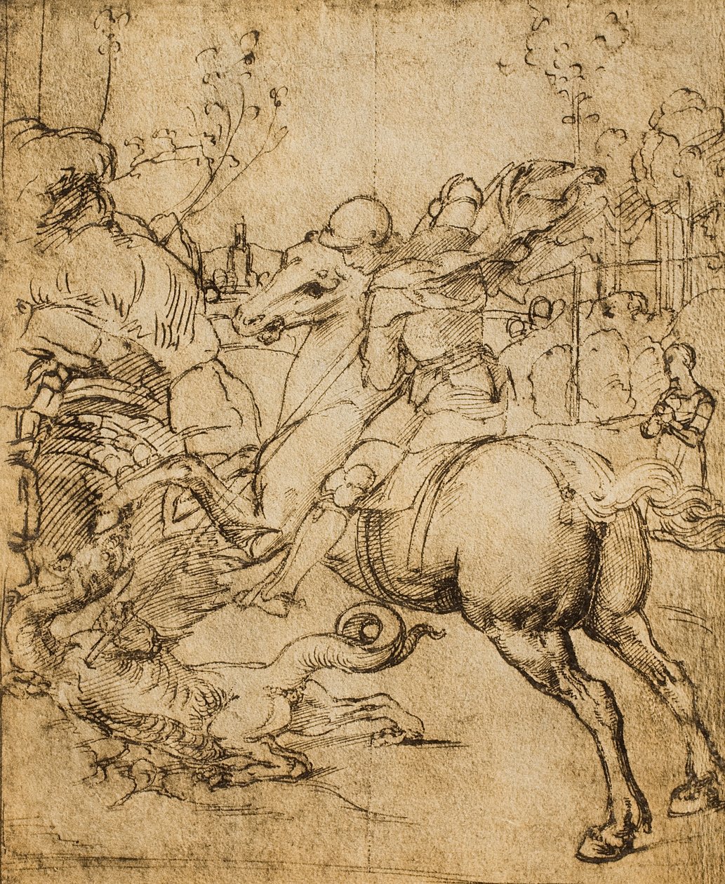 San Giorgio uccide il drago; disegno di Raffaello. Gabinetto dei Disegni e delle Stampe, Galleria degli Uffizi, Firenze da Raffaello Sanzio Raphael