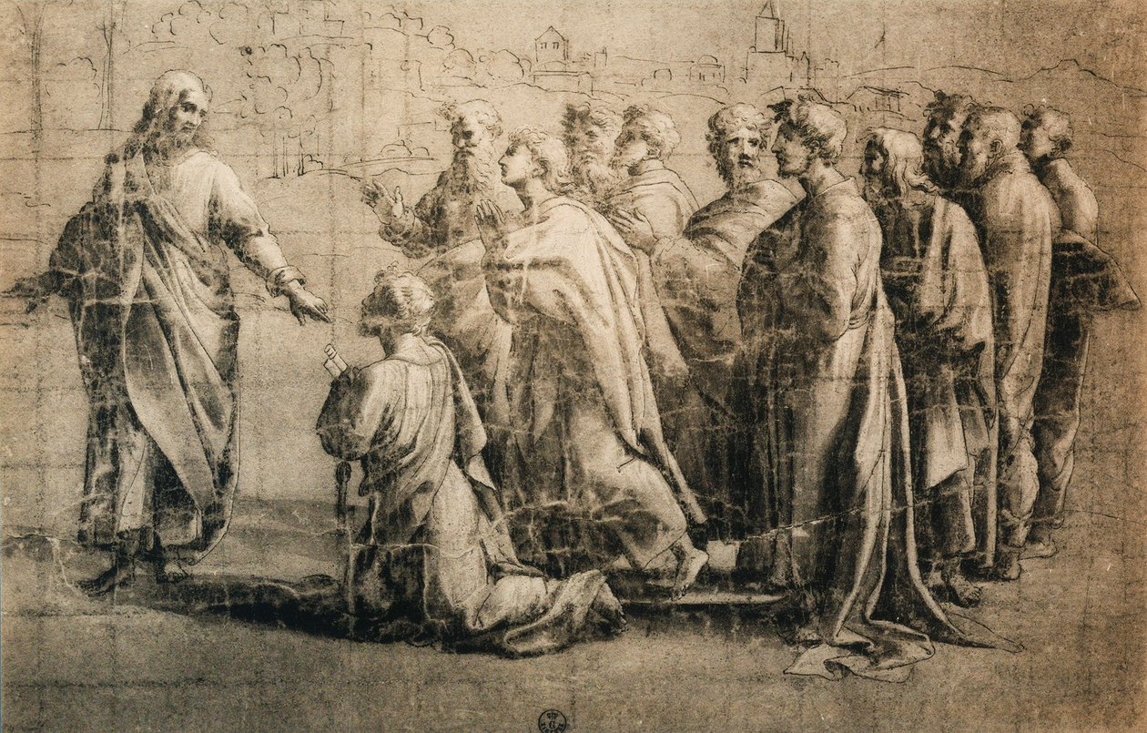 Cristo consegna le chiavi a San Pietro; disegno della Scuola di Raffaello. Gabinetto dei Disegni e delle Stampe, Uffizi, Firenze da School of Raphael