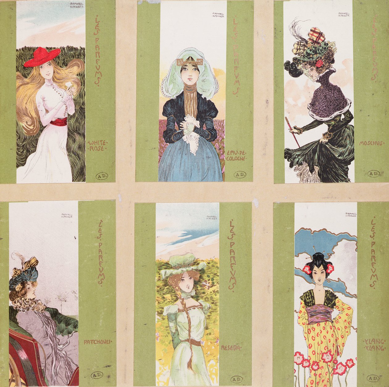 Selezione di cartoline con rappresentazioni allegoriche di profumi da Raphael Kirchner