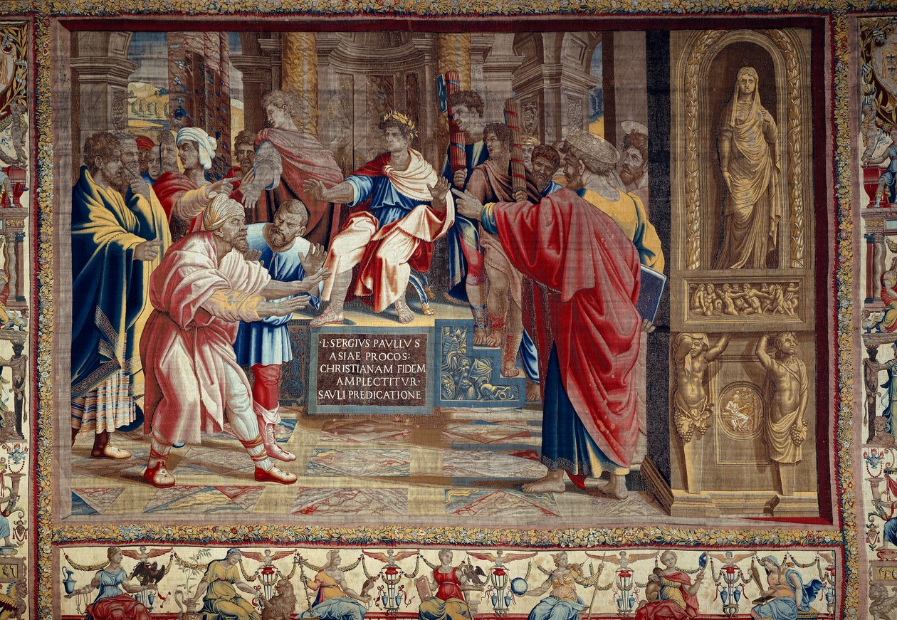 Vita degli apostoli Pietro e Paolo: la punizione di Barjesu (Elymas) mago ebreo che si oppose a Paolo e fu temporaneamente cieco. La scena si svolge davanti al proconsole romano Lucio Sergio Paolo e San Barnaba. da after Raphael