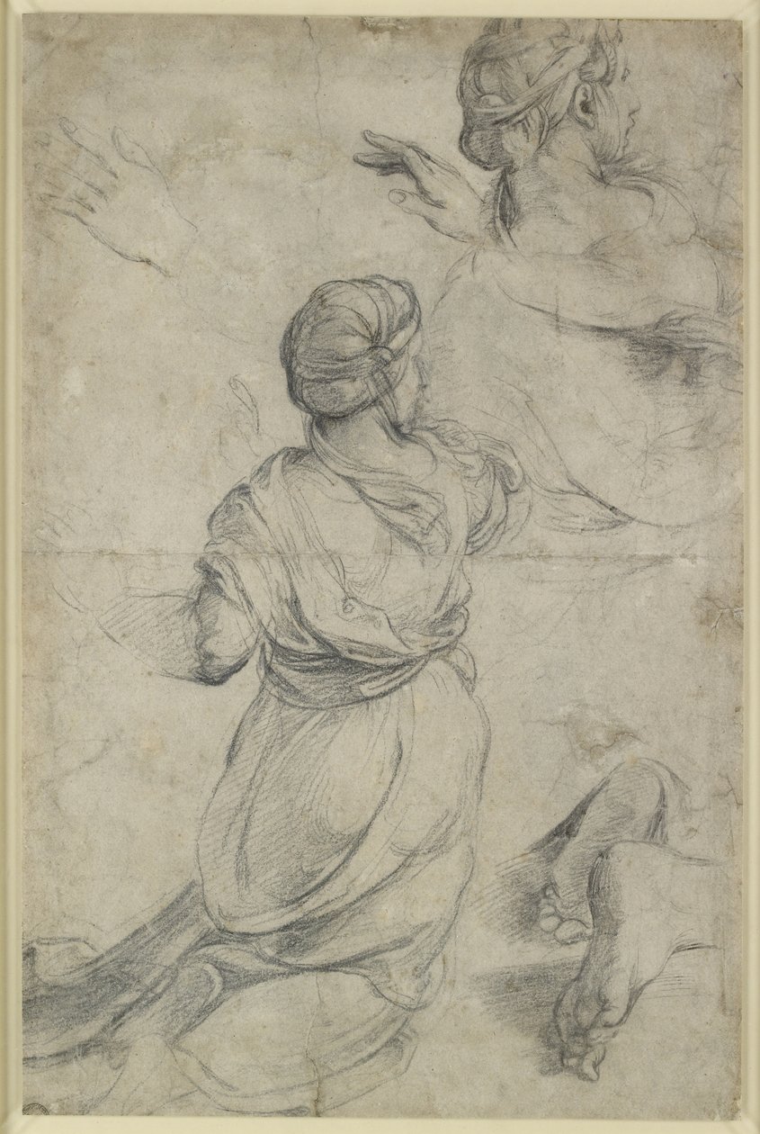 Recto: Studi per due donne inginocchiate, WA1846.198 (gesso nero) da Raphael