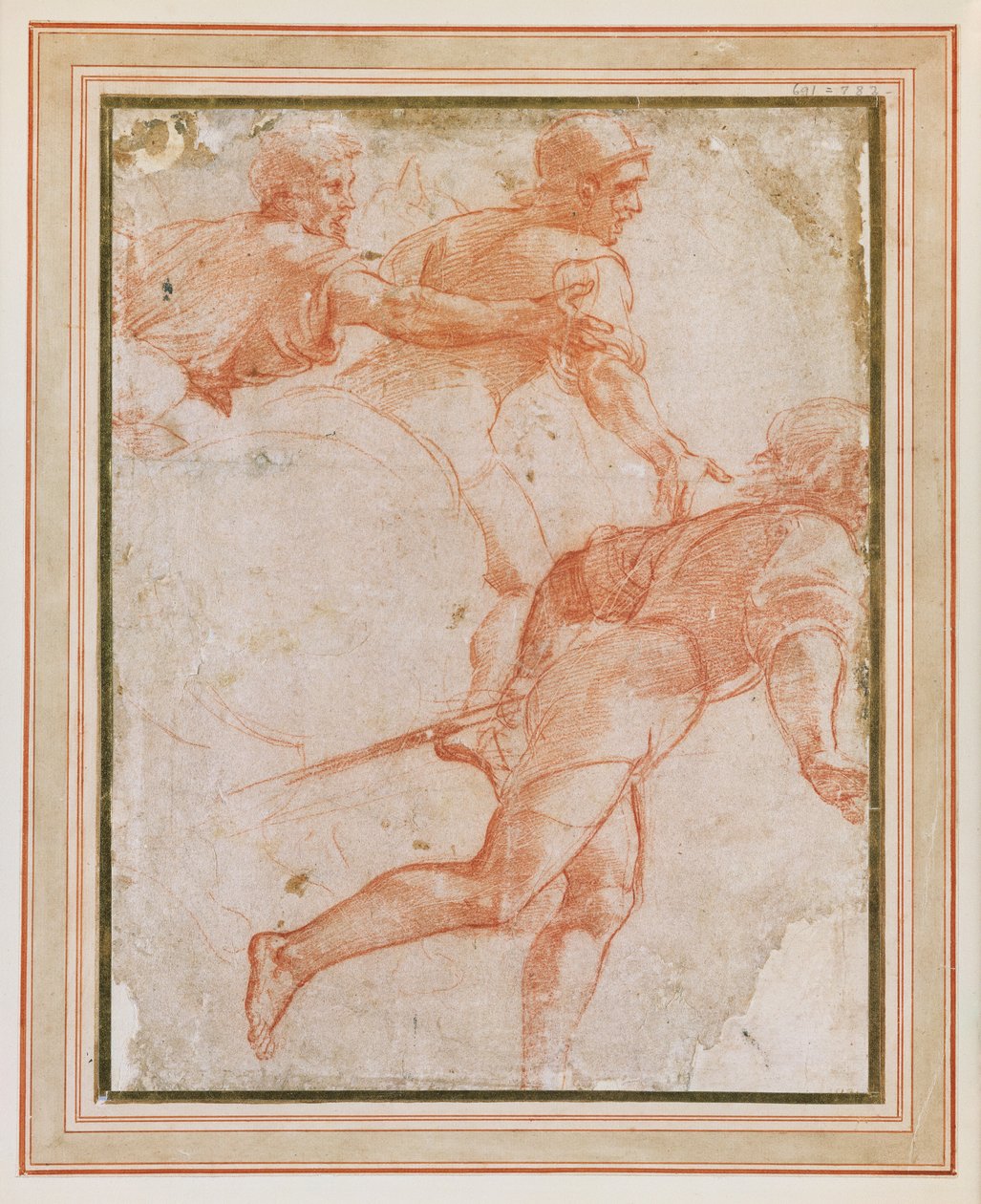 Un soldato che corre a destra e due cavalieri con le braccia tese da Raphael