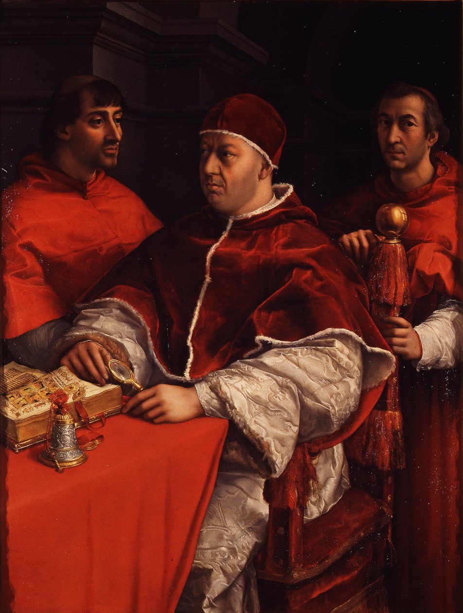 Ritratto di Papa Leone X con i cardinali Giulio de Medici e Luigi de Rossi, ca 1518 da Raffaello Sanzio Raphael