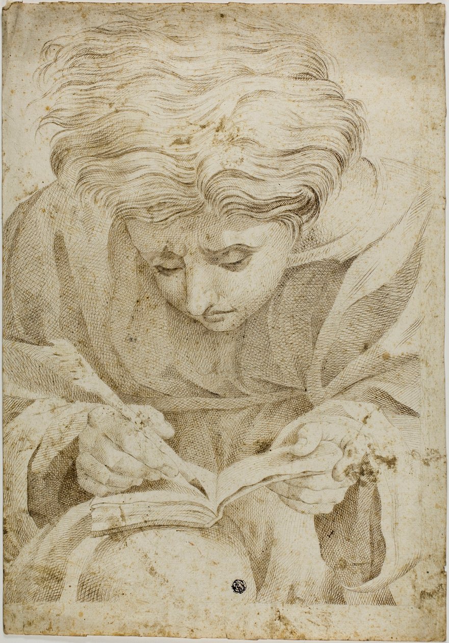 Giovane seduto che scrive in un libro da Raphael