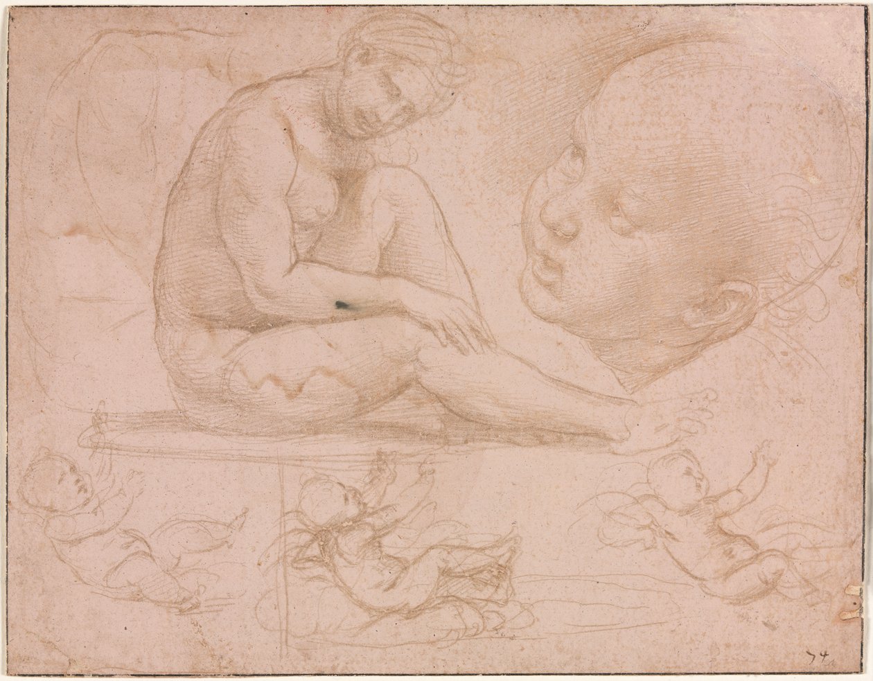 Studi di una Femmina Seduta, Testa di Bambino e Tre Studi di un Bambino da Raphael