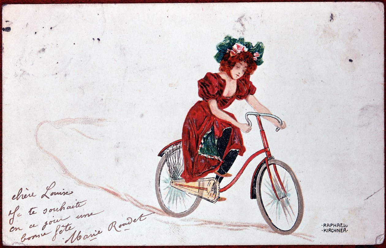 Cartolina di una donna in bicicletta - illustrazione di R. Kirchner, ca. 1900 da Raphael Kirchner