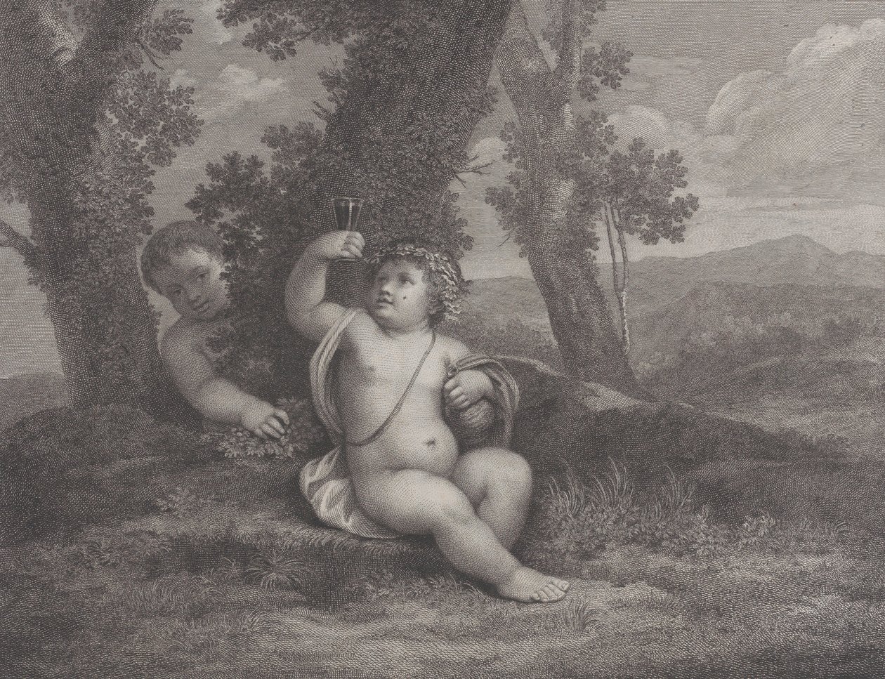 Il giovane Bacco seduto sotto un albero, che solleva un bicchiere di vino, con un altro giovane dietro, 1780 da Raphael Morghen
