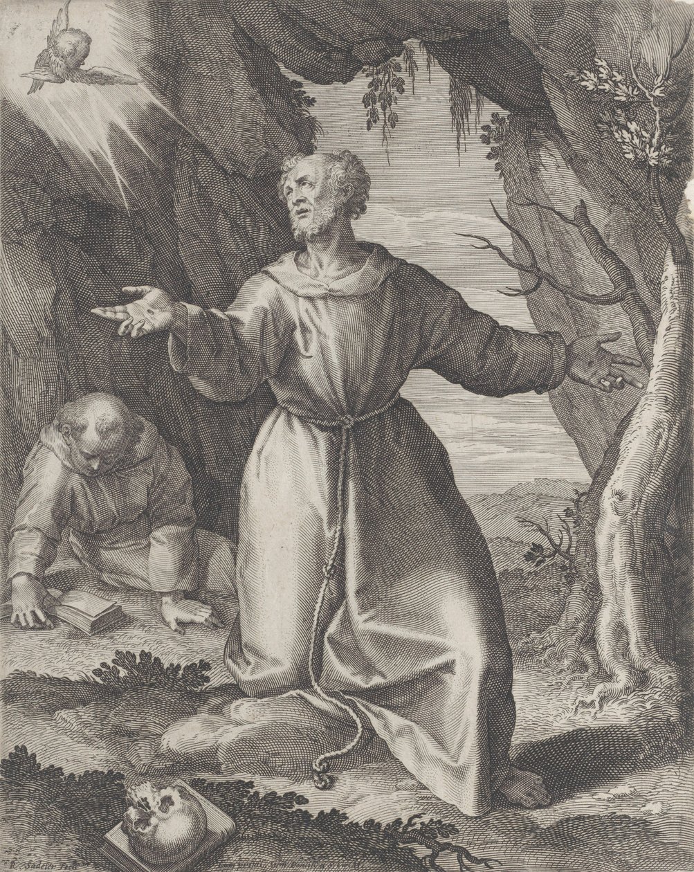 San Francesco in ginocchio con le braccia tese, guardando verso un cherubino in alto a sinistra da Raphael Sadeler
