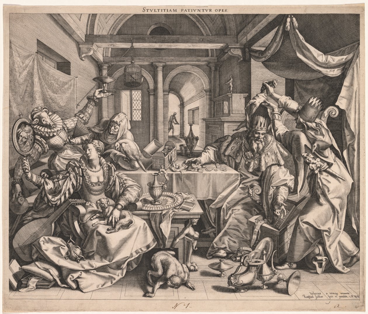 Stultitiam patiuntur opes (La ricchezza permette la stupidità), o, Allegoria della ricchezza, della lussuria e della stupidità da Raphael Sadeler
