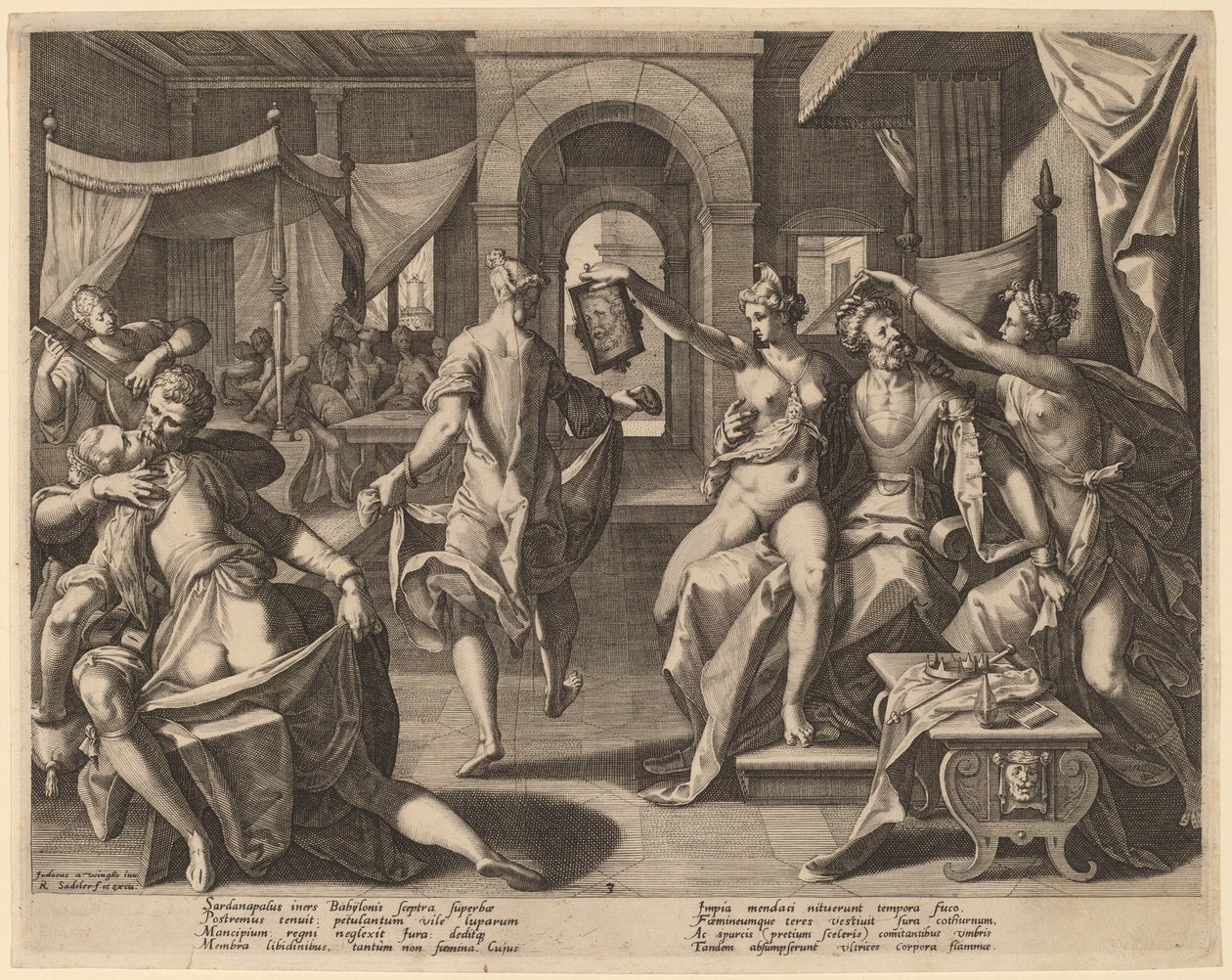 Sardanapalo tra le concubine da Raphael Sadeler I after Joos van Winghe
