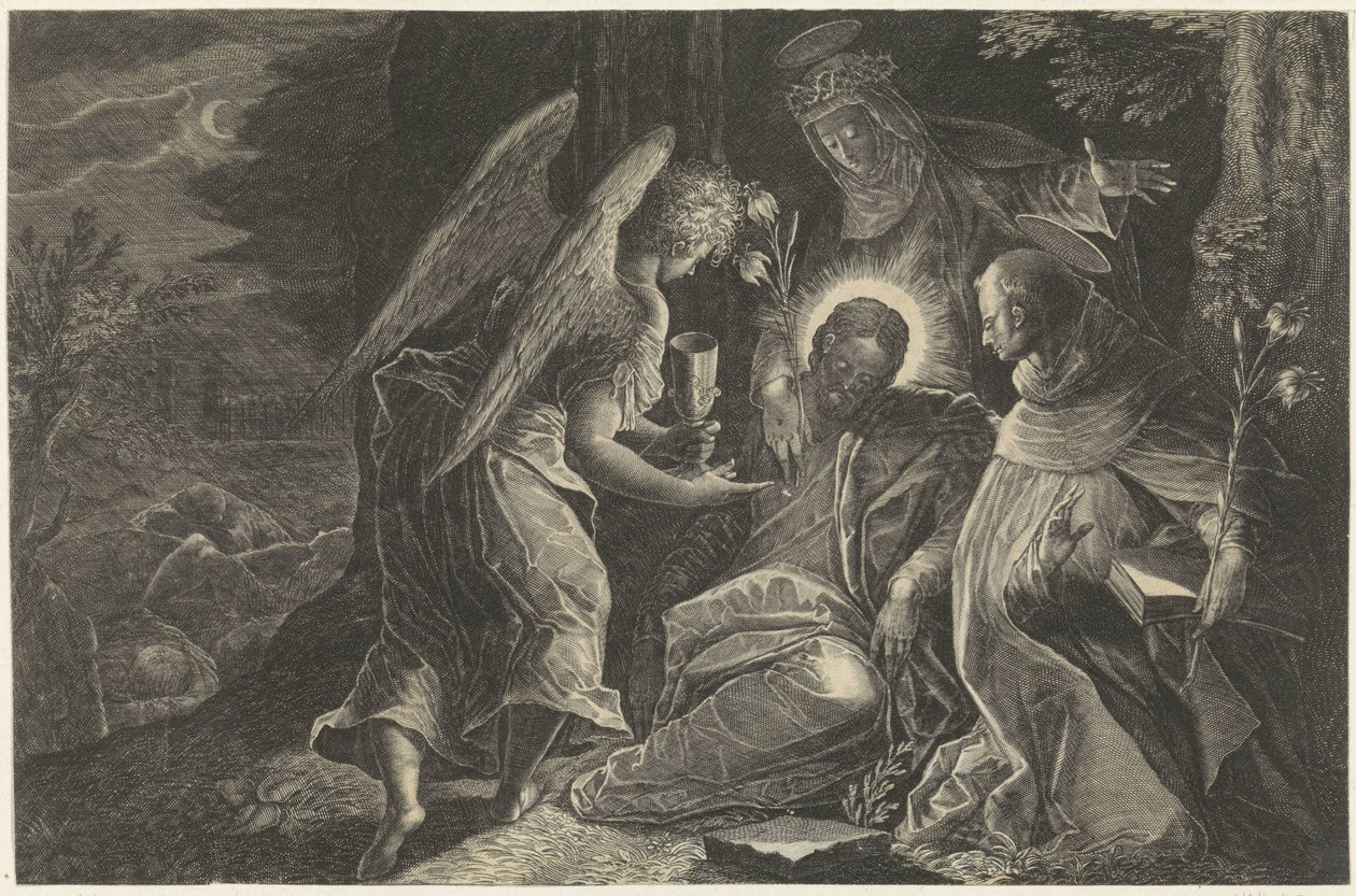 Cristo consolato da un angelo nel Getsemani, con San Domenico e Santa Caterina da Siena da Raphaël Sadeler (II)