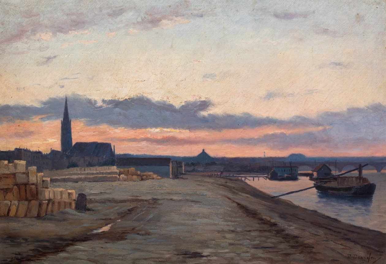 Banchine di Bordeaux al tramonto (olio su tavola) da Raymond Bonnefon