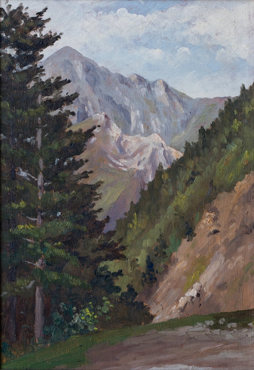 Abete e montagna, Pirenei (olio su tavola) da Raymond Bonnefon