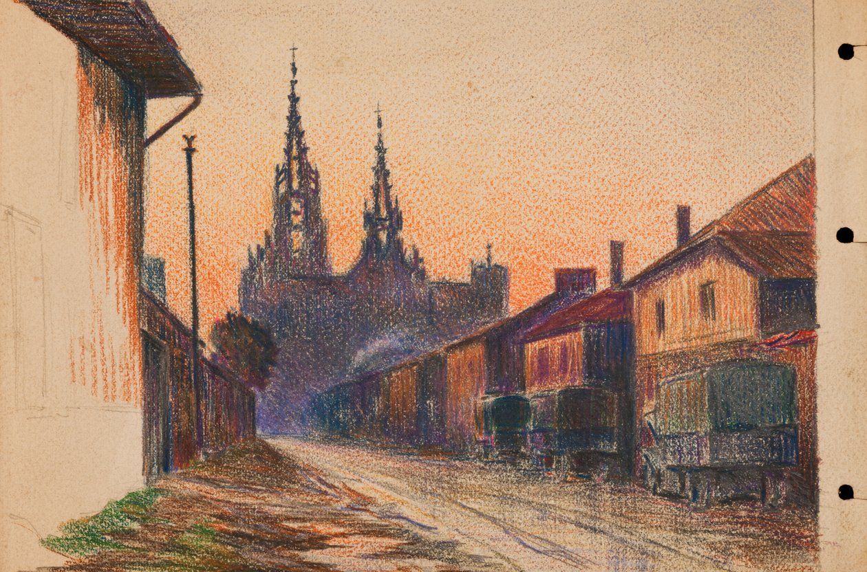 Camion militari in una strada di una città della Francia orientale, 1914-18 circa (matita su carta) da Raymond Bonnefon