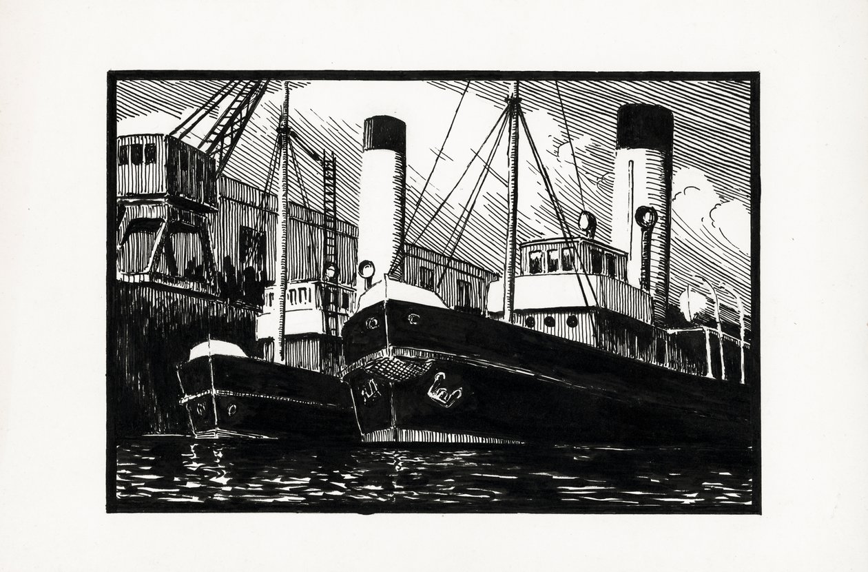 navi attraccate nel porto di Bordeaux (linoleografia) da Raymond Bonnefon