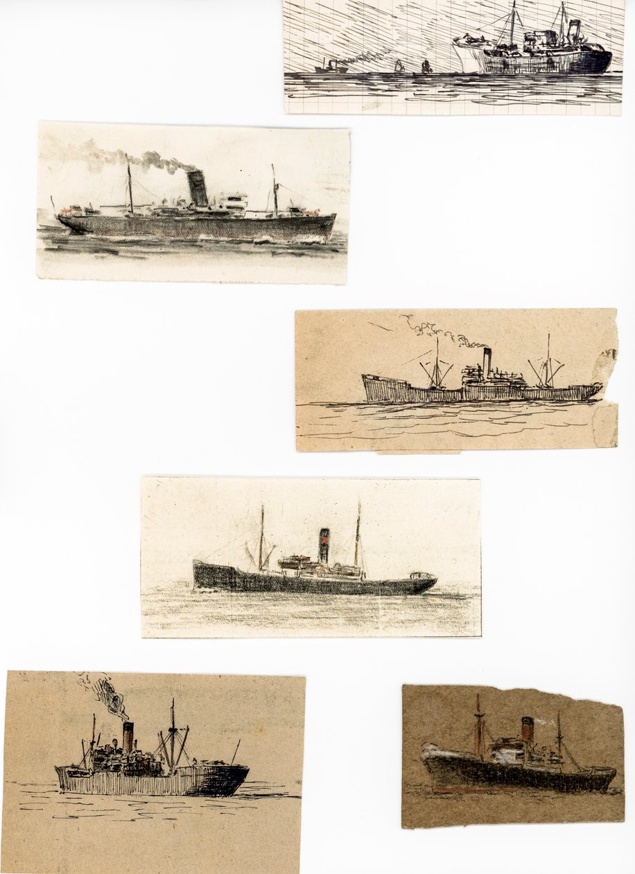 schizzi di varie navi da carico della marina mercantile (inchiostro, carboncino, matita) da Raymond Bonnefon