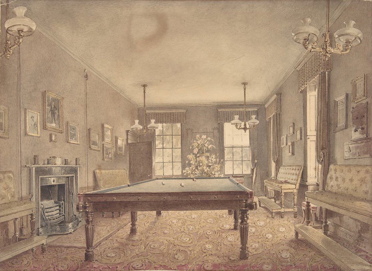Interno della sala da biliardo a Lupton House, Devonshire, progettato da George da Reid Turner