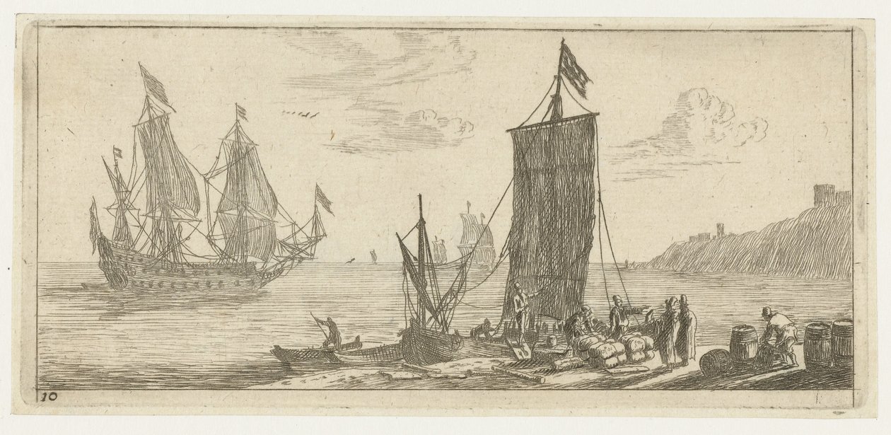 Baia con un hoeker e una nave da guerra da Reinier Nooms