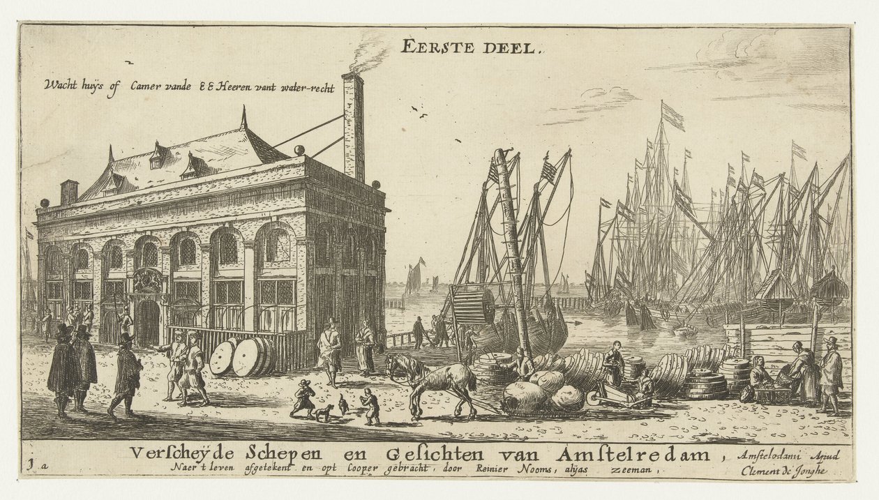 Porto di Amsterdam con la casa di guardia Verschillende schepen en stadsgezichten van Amsterdam, eerste deel (serie) da Reinier Nooms