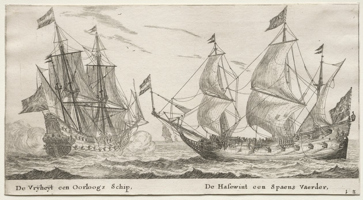 Navi di Amsterdam: La Libertà, una nave da guerra. Il Segugio, una nave spagnola da Reinier Nooms
