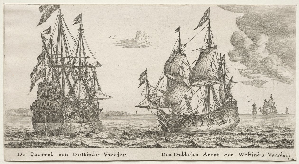 Navi di Amsterdam: La Perla e East Indiaman, The Double Eagle, un West Indiaman da Reinier Nooms