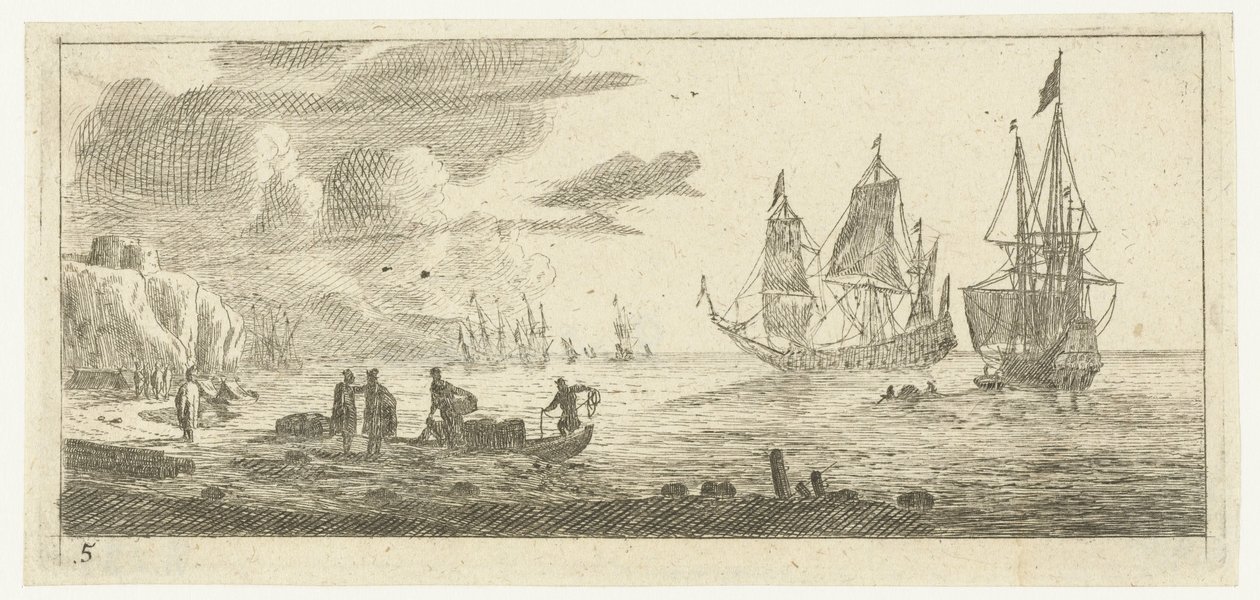 Porto marittimo con due grandi velieri da Reinier Nooms