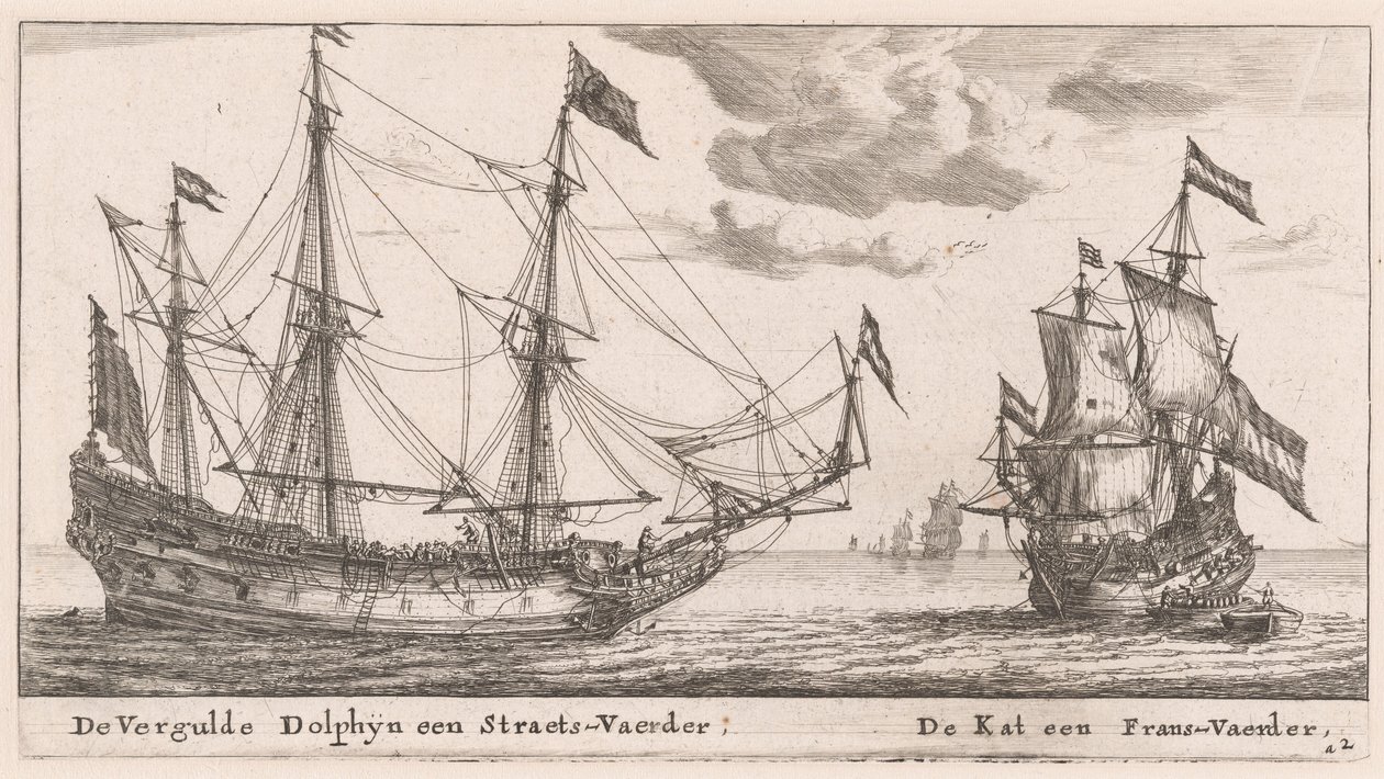 Il "Vergulde Dolphyn," una grande nave mercantile, e il "Kat," un flauto da Reinier Nooms, called Zeeman
